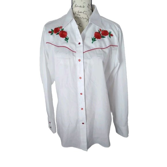 Country Charmers Ely western white embroidered red roses Snap Shirt women’s LRG - Picture 1 of 16
